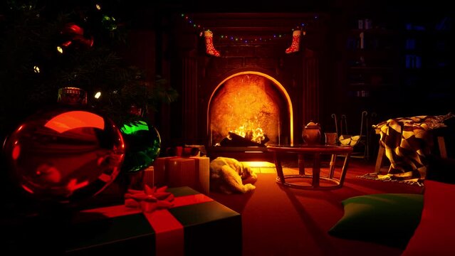 New Year's gifts under the Christmas tree against the backdrop of a cozy, burning fireplace on the eve of the holidays of Christmas and New Year. Festive screen server.