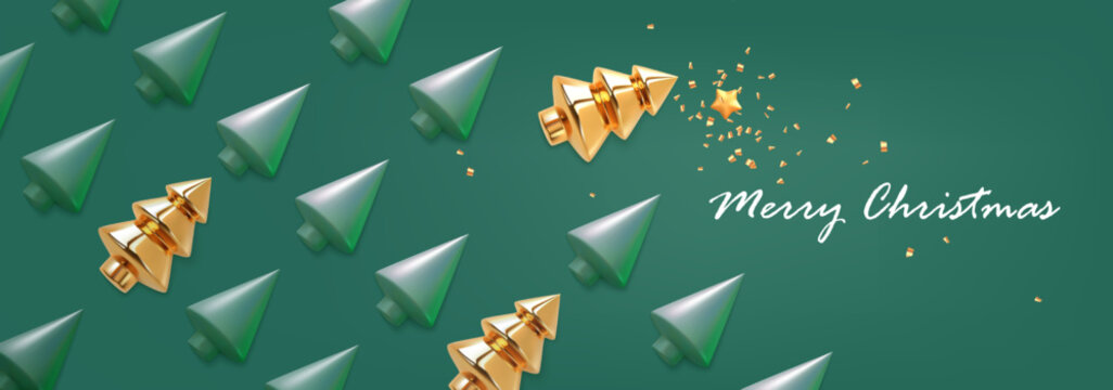 Winter holiday horizontal green header. Render gold abstract christmas trees . 3d xmas pattern. Render New Year banner. 3d vector cartoon illustration