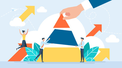 Tiny characters build business blocks from three parts. Hand puts part structure. Orderly system, structure. Conceptual planning, teamwork, business support, building. Vector illustration. Flat design