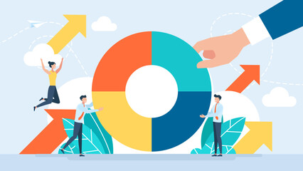 Tiny characters build business circle of four parts. Hand puts part structure. The orderl system, structure. Conceptual planning, teamwork, business support, building. Vector illustration. Flat design