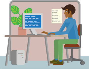 Man Working at Desk In Office Cartoon