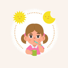 a white girl cleaning teeth with toothbrush by brushing teeth with circle and sun and moon, meaning is daily routine daytime and nighttime brushing teeth. illustration cartoon character vector design.