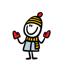 Cute doodle stickman with smiling face in warm winter clothes.