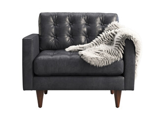 Scandinavian black leather upholstery armchair with pelt. 3d render.
