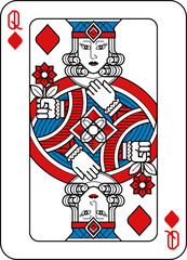 Playing Card Queen of Diamonds Red Blue and Black