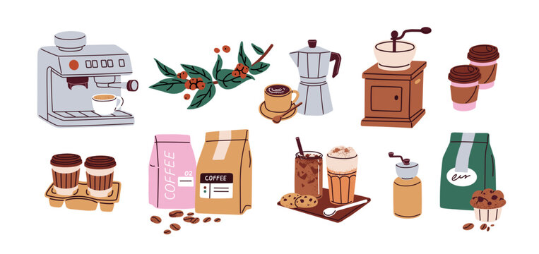 Coffee elements, tools, accessories set. Brewing machine, grinder, takeaway paper cups, mugs, glasses, beans, berries, bags and desserts. Flat vector illustrations isolated on white background