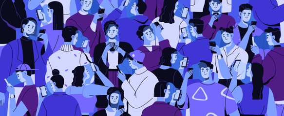 People crowd with mobile phones in hands. Smartphone addiction concept. Many addicted men, women online, surfing internet, social media, looking at cellphone screens. Flat vector illustration