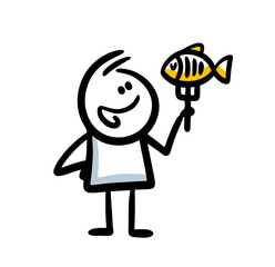 Doodle stickman holding fish on his fork and going to eat.