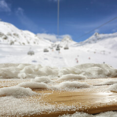 Desk of free space and winter landscape of mountains. 