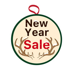 New Year Sale on a Christmas ball with horns and snow