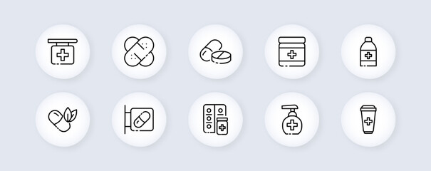 Medicines set icon. Medical treatment, prescription, treat, pills, heart, blister, schedule, mask for face, doctor, drugstore. Healthcare concept. Vector line icon for Business and Advertising
