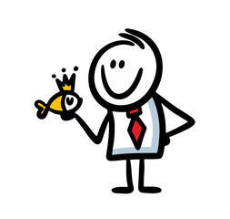 Glad face doodle office character holding golden fish in hand and asking for his wishes.