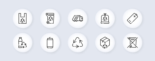 Recycling set icon. Throw away, trash can, paper, box, bottle, garbage, elaboration, plastic, clean environment, nonwaste production. Ecology concept. Vector line icon for Business and Advertising