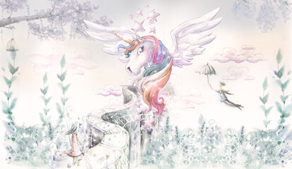 Fabulous Pegasus for wallpaper. Art design for kids. Kids wallpaper style.