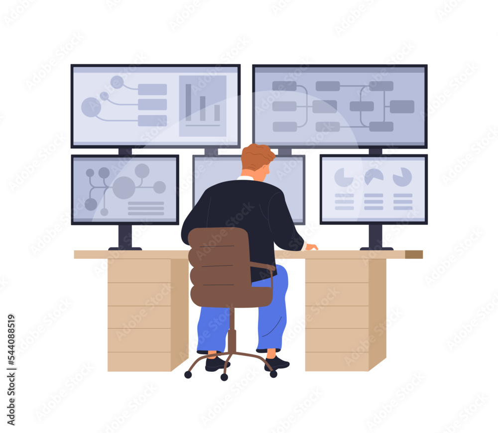 Aufkleber Man at multiple-screen computer for data analysis. Person works with modern information technology system, statistics, database, studies graphs and charts for research. Flat vector illustration