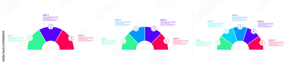 Wall mural Round infographic chart. Infographic design template with 3, 4 and 5 options. Semicircle form pie charts. Vector illustration.