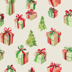 Seamless pattern christmas present, aquarelle xmas gift endless background pattern. Winter collection
