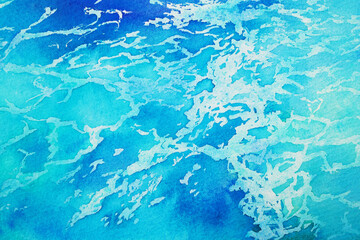 Fototapeta na wymiar 青い海と白い波しぶきの手描きの水彩画 