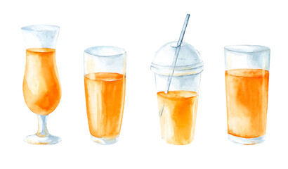 Glasses of orange juice on isolated white background, Set of watercolor illustrations, citrus fruits collection, cocktail