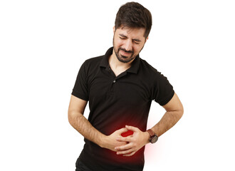 kidney pain highlighted transparent background. a man suffering from kidney pain touching his right side on a transparent background. man in black suffering from kidney pain png transparent background