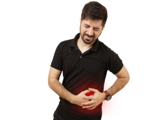 kidney pain highlighted transparent background. a man suffering from kidney pain touching his right side on a transparent background. man in black suffering from kidney pain png transparent background
