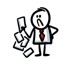 Unhappy doodle man in office costume with a lot of documents for work.