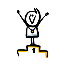 Happy doodle boy standing with rising hands and gold medal on the sport pedestal.