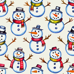 Seamless pattern christmas snowman, aquarelle xmas snowmans endless pattern. Winter holidays