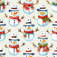 Seamless pattern christmas snowman, watercolor snowmans background pattern. New-year holidays