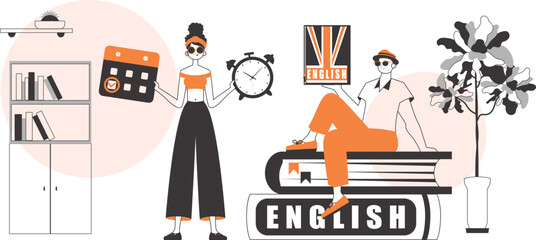 The guy and the girl helps teaches English. The concept of learning a foreign language. Lineart style.