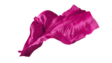 3d render, abstract fuchsia pink drapery falling. Silk fabric flies away. Fashion clip art isolated on white background