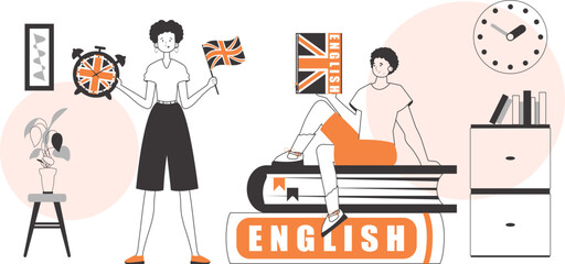 Girl and guy English teacher. The concept of learning a foreign language. Lineart style.