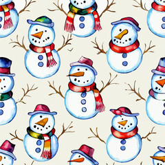 Seamless christmas snowman decoration, watercolor xmas snowmans endless pattern. Winter collection