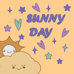 Colorful hand drawn cute card with cloud and sun. Text Sunny day vector illustration EPS