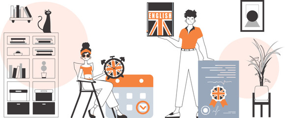 Girl and guy helps teaches English. The concept of learning a foreign language. Linear modern style.