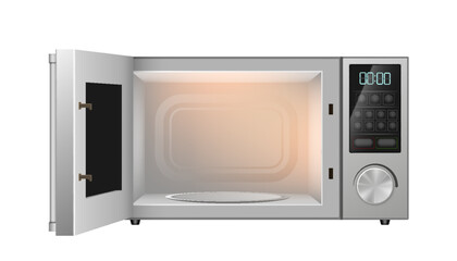 Fototapeta premium Realistic microwave with open door. Modern kitchen appliance. Domestic electronic equipment