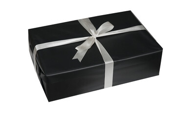 black gift box with white silver ribbon