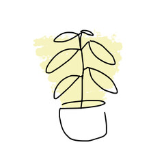 A flower in a pot on the background of a yellow spot of paint. Doodle potted flowers on a background of paint stains. Vector doodle on the background of a paint spot.