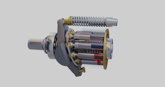 Axial piston pump with high-pressure side indicated in red and low-pressure side in blue