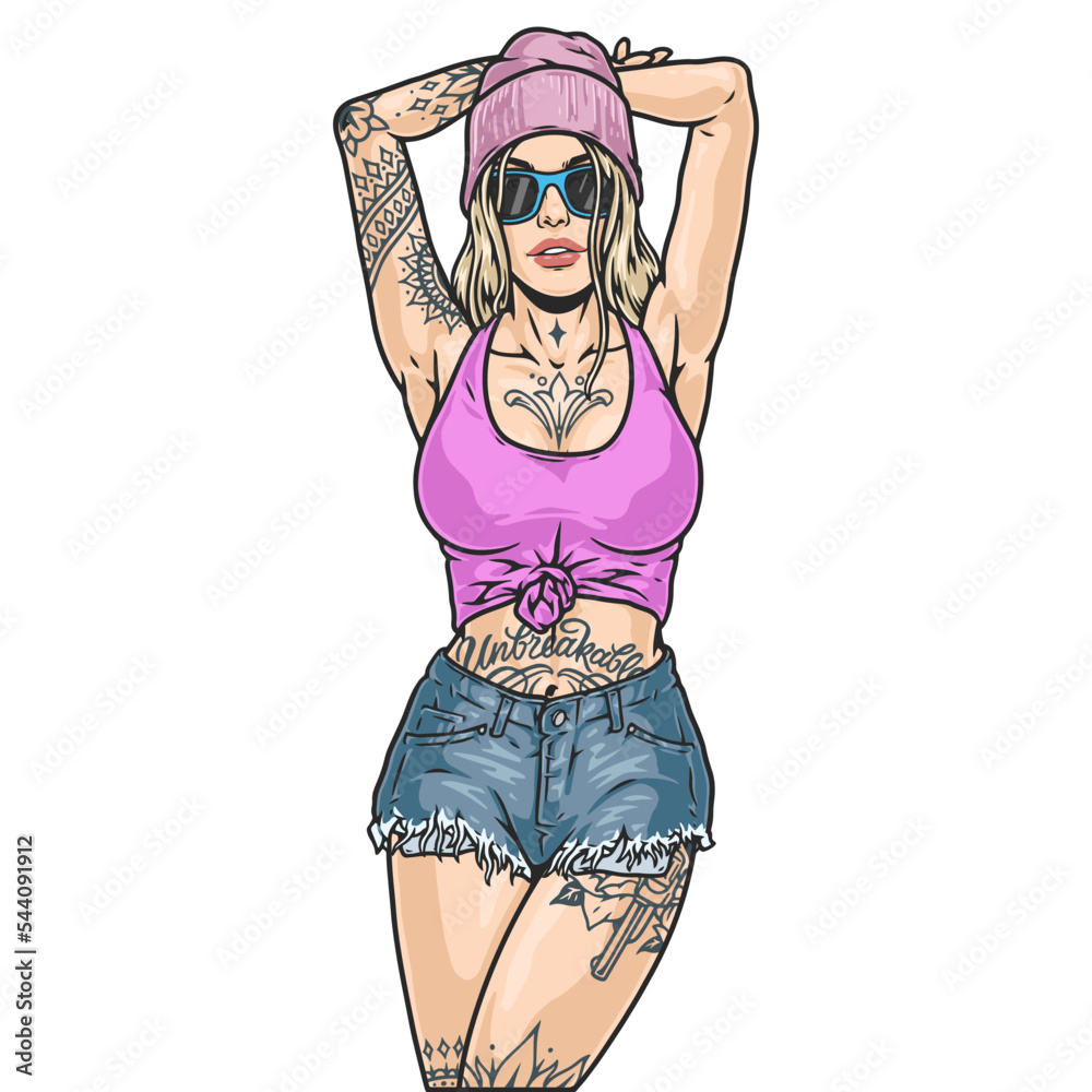 Sticker Young hipster woman colorful label