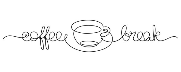 Coffee break inscription in continuous line art drawing style. Time to drink a coffee cup. Black linear design isolated on white background. Vector illustration