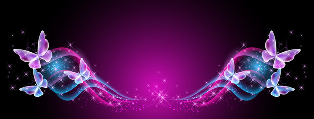 Fantasy banner with flying butterflies, fantastic transparent curving waves and magical glowing stars on black purple background