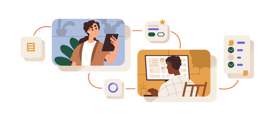 Workflow and remote business communication concept. Project manager controlling task online. Work process with boss and employee at computer. Flat vector illustration isolated on white background