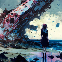 Girl standing on shore looking at crashed spaceship