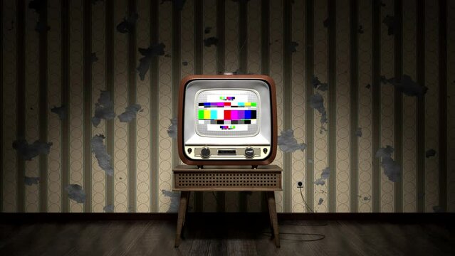 Retro TV receiver with green screen standing on a table, wallpaper with stripes on cracked wall in background - 3D 4k animation (3840x2160 px).