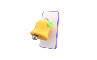 Smartphone notification bell ring app concept. Big yellow bell with message counter. 3d rendering