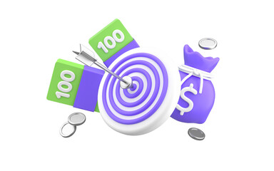 Financial goal with arrow hit the center of target. Business target achievement concept, money, coins and money bag. 3d rendering
