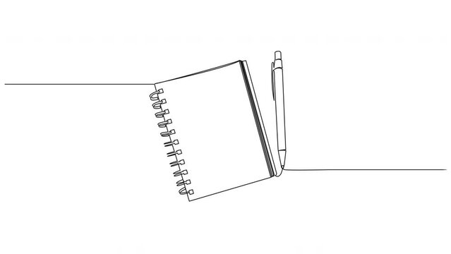 animated continuous single line drawing of spiral notepad and pen isolated on white, line art animation