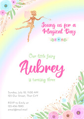 Fairy birthday party invitation template. Gold sparkling silhouette of a cute little pixie on a beautiful floral background with a rainbow. Vector illustration 10 EPS.