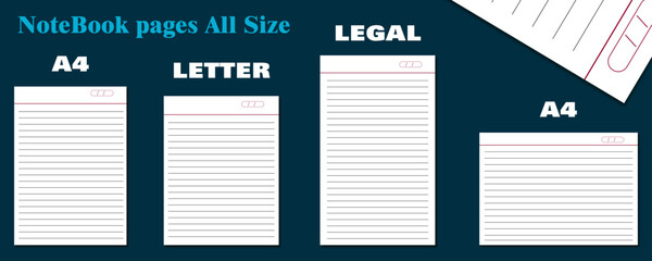 modern notebook pages designed in different size. a4, letter and legal sized vector template. neat and clean, designed for print